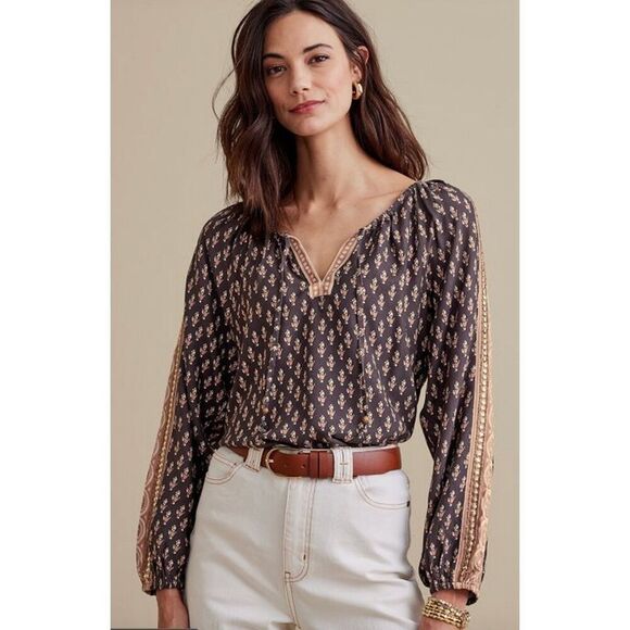 Soft Surroundings Brown Boho Embroidered Embellished Jolene Blouse Size Small - Picture 1 of 10